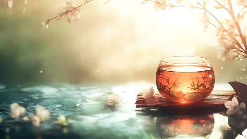 Glass tea cup with floral motifs on reflective surface.