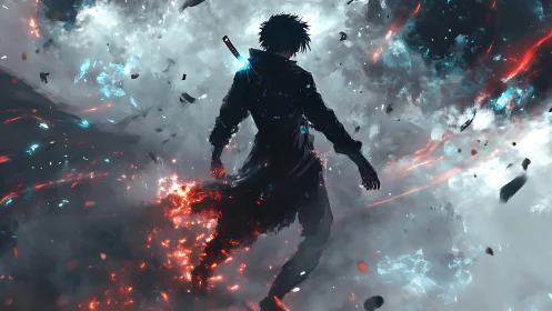 Silhouetted swordsman walks through swirling energy storm