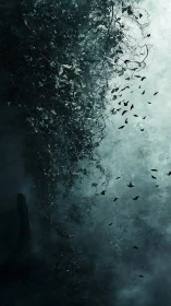 Solitary figure wandering beneath a misty forest sky.