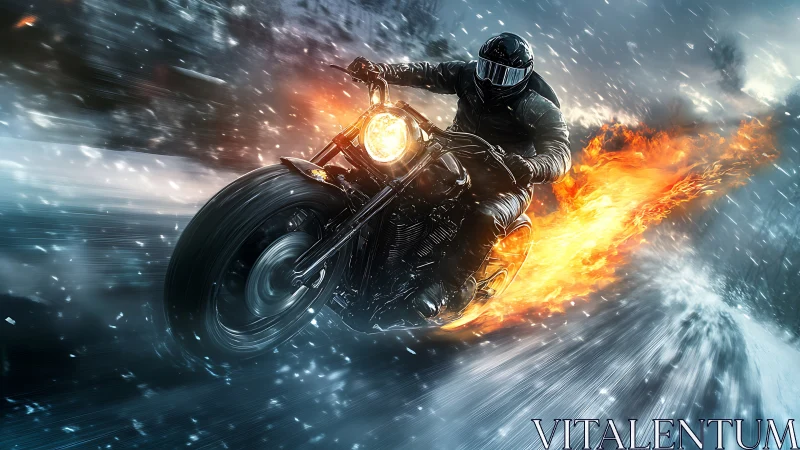 Motorcycle rider on flaming bike in snowy dynamic scene.