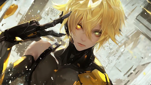 Golden haired cyborg hero holds a steady, glowing gaze