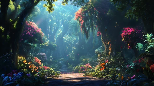 Forested Pathway Through Rock Canyon with Flowering Vegetation