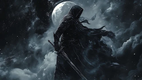 Hooded dark knight holding sword under glowing full moon.