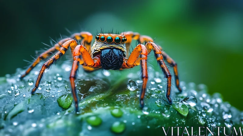 Colorful jumping spider on wet leaf in sharp macro detail.