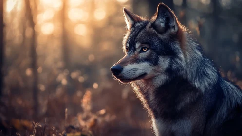 Grey wolf profile in soft backlit forest environment.
