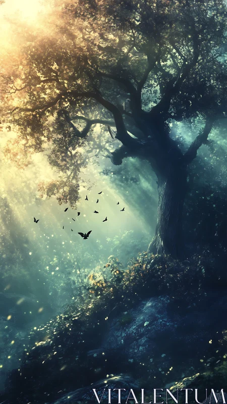 Solitary forest tree in filtered sunbeams and rising mist.