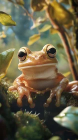 Golden tree frog in luminous forest macro portrait.