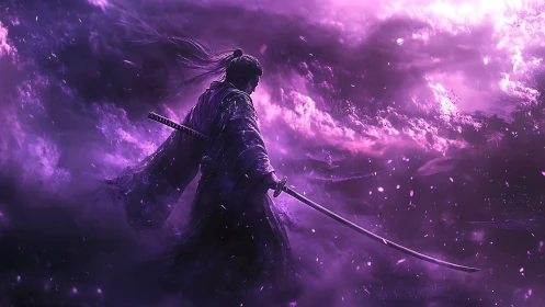 Lone samurai with drawn katana in stormy violet clouds.