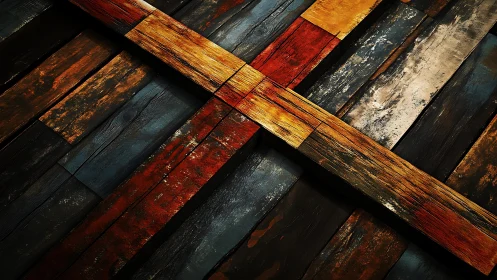 Rustic multicolored reclaimed wood planks in geometric pattern.