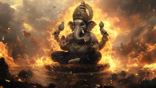 Radiant elephant deity glows calmly amid swirling sacred fire