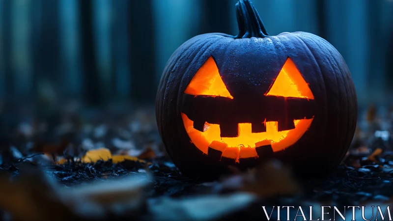 Moody forest Halloween jack o’lantern with glowing carved face