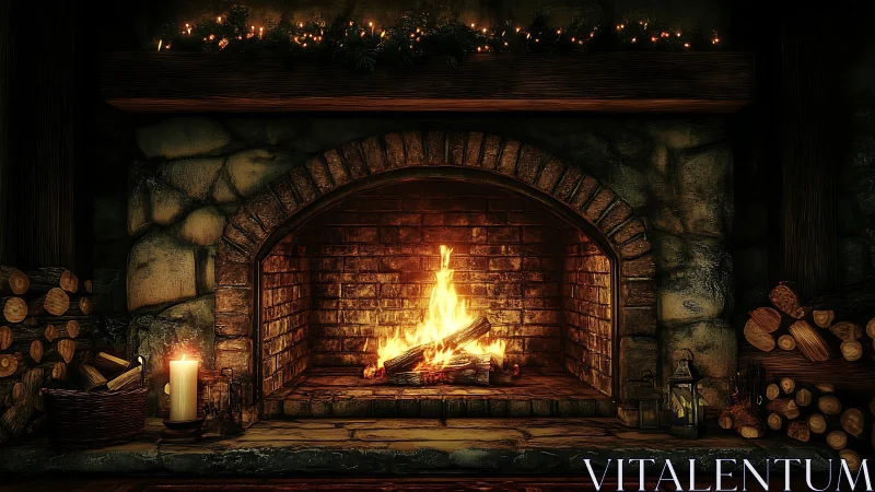 Stone hearth fireplace with burning logs and stored firewood.