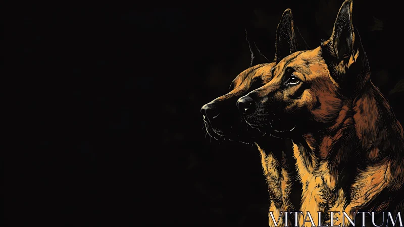 Two alert German shepherd dogs on stark black background.