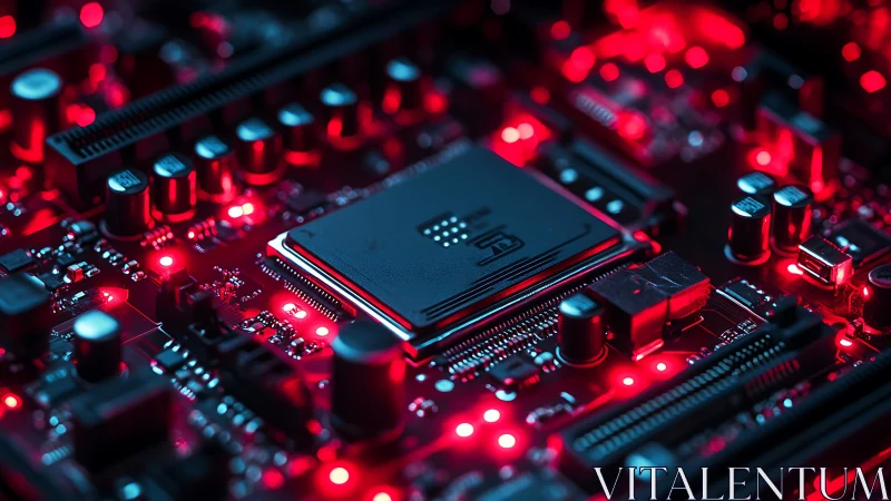 Neon logic pulses through a crimson-lit motherboard city