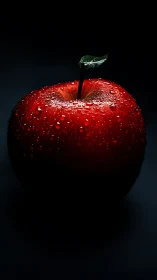 Dew-covered red apple isolated against dark background.