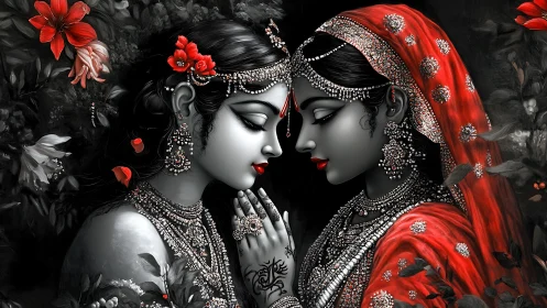 Divine Love in Monochrome: Ornate Couple with Scarlet Silk