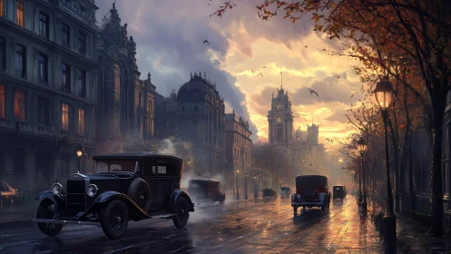 Vintage cars on wet city street at dusk in autumn rain.