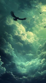 Stormborne ravens carve emerald corridors through clouds.