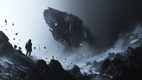 Solitary astronaut surveying derelict starship on icy asteroid