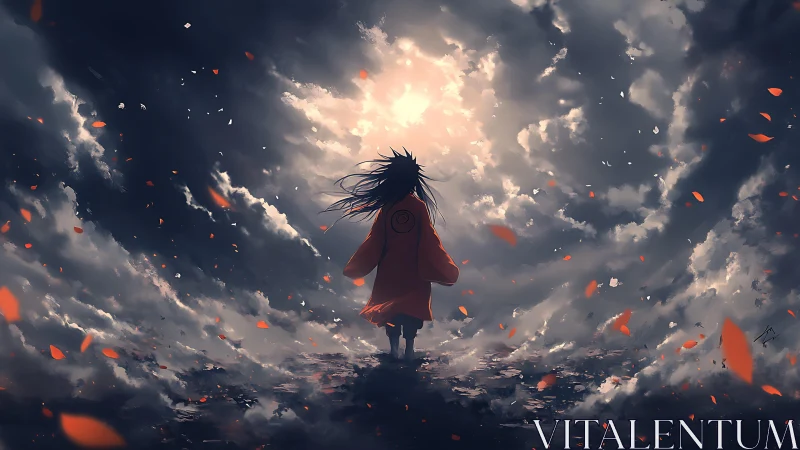 Solitary cloaked figure stands below dense storm cloud opening