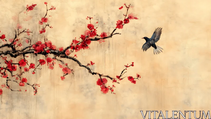 Graceful songbird glides beside a flowering cherry branch