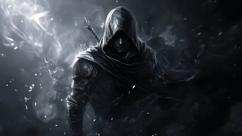 Hooded shadow assassin emerges from swirling monochrome smoke