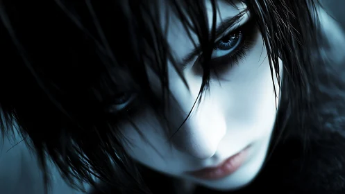 High-contrast anime portrait isolates an intense, tilted gaze