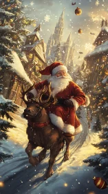 Santa riding reindeer through snowy village street at dusk