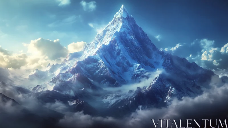 Sunlit icy mountain peak rises through glowing storm clouds
