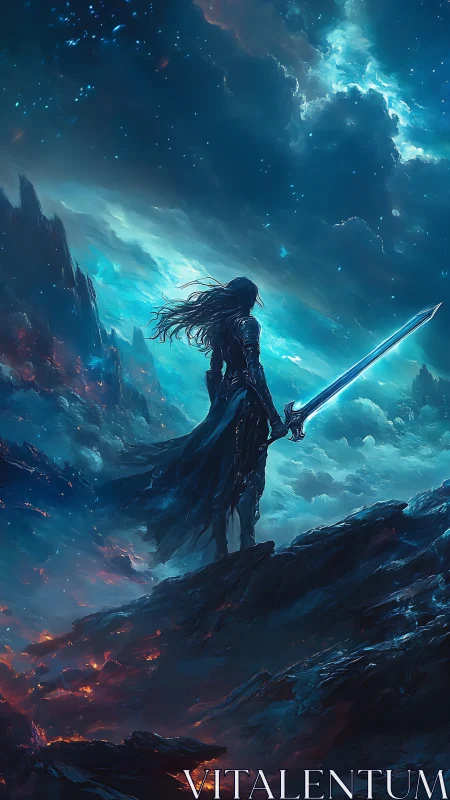 Lone armored warrior faces a storm-lit cosmic horizon