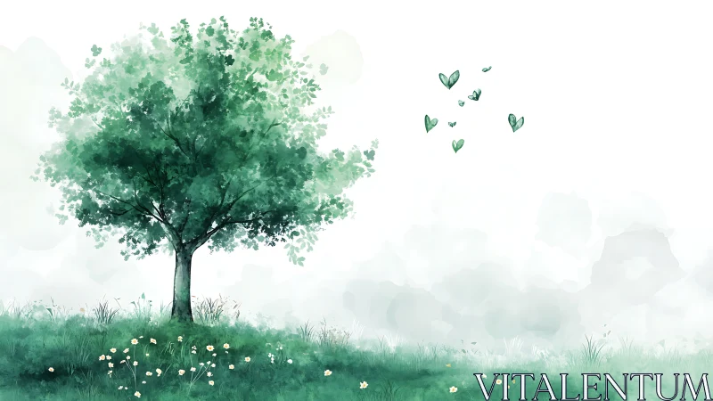 Solitary green tree stands over misty meadow with blossoms