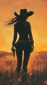 Silhouetted cowgirl gunslinger stands against a blazing sunset sky