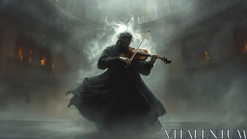 Violinist channels spectral energy inside smoke filled ruined hall