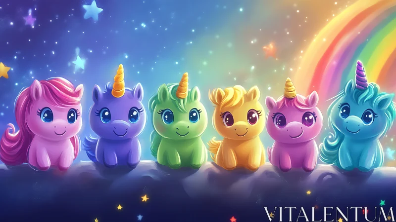 Row of colorful cartoon unicorns on clouds under rainbow.