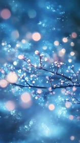 Glistening winter branches glow amid dreamy blue bokeh haze