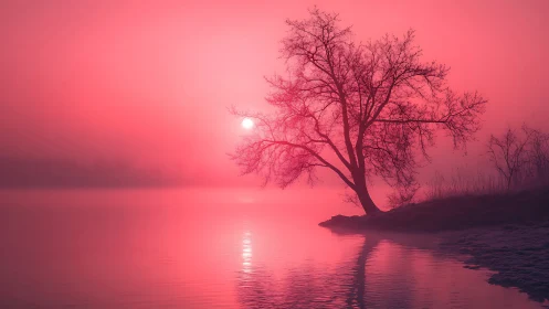 Solitary tree by misty lakeshore under pink sunrise glow.