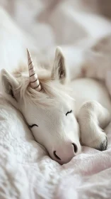 Sleeping white baby unicorn rests on soft pastel bedding