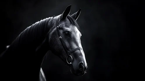 Horse head portrait in high contrast side lighting on black