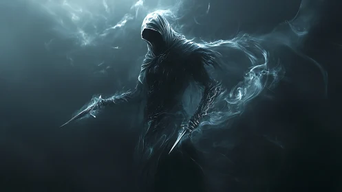 Shadowy wraith strides through swirling mist with silent blades