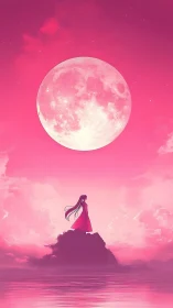 Moonlit dreamer leans into a rose-tinted tidal sky