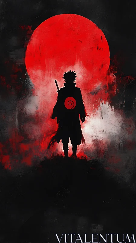 Silhouetted swordsman stands before large red moon