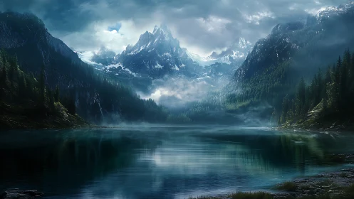 Mountain lake with mist, conifer forests, and snowy peaks.
