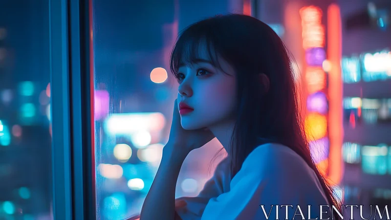 Neon city night wraps a thoughtful girl in gentle color