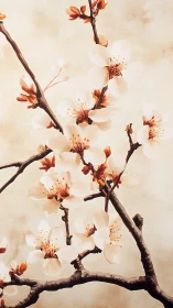Almond Blossoms on Dark Branches Against Cream.