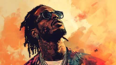 Chromatic portrait of sunglasses-wearing figure in warm haze.