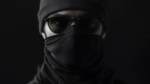 Shadowed face in dark glasses and mask invites quiet mystery