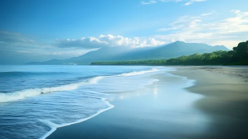 Photorealistic coastal panorama with receding surf and misty peaks.