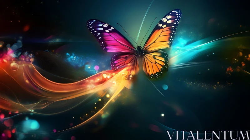 Vibrant butterfly soaring through neon cosmic light trails.