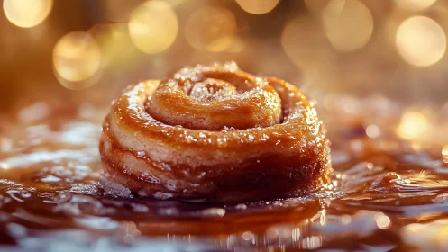 Cinnamon roll close-up in warm caramel glaze bokeh.