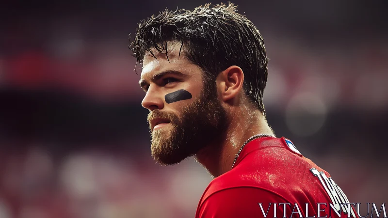 Focused baseball player under stadium lights in red jersey.